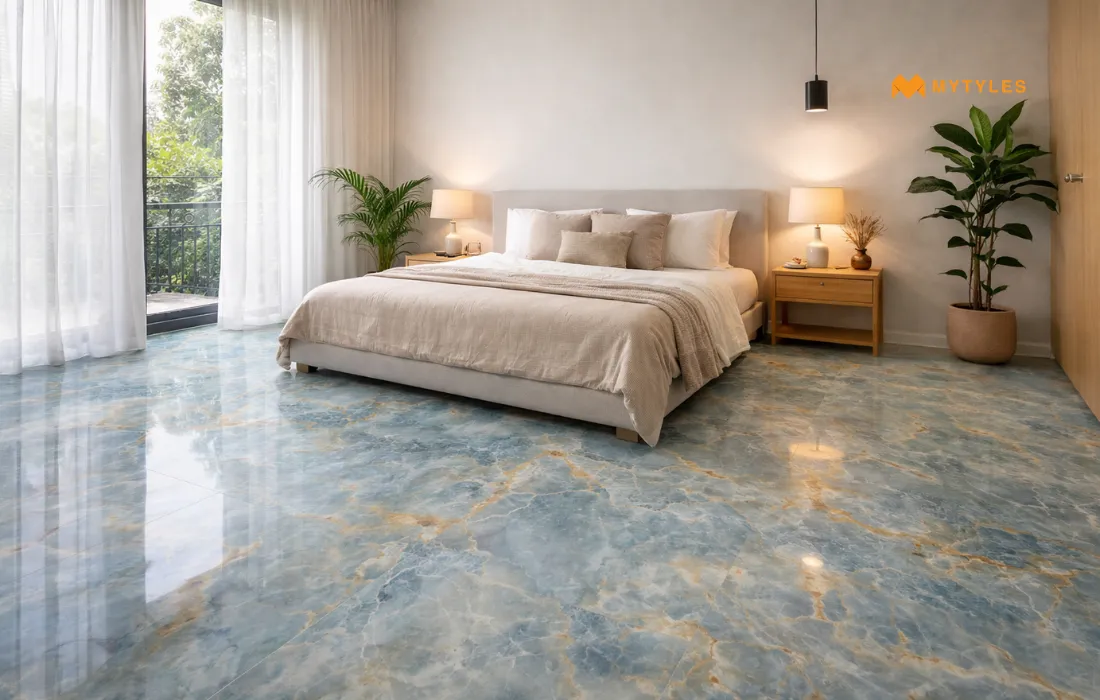 Glossy Blue Vitrified Tile in Bedroom